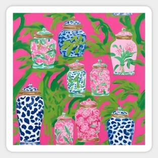 Chinoiserie jars and banana leaves on hot pink Sticker